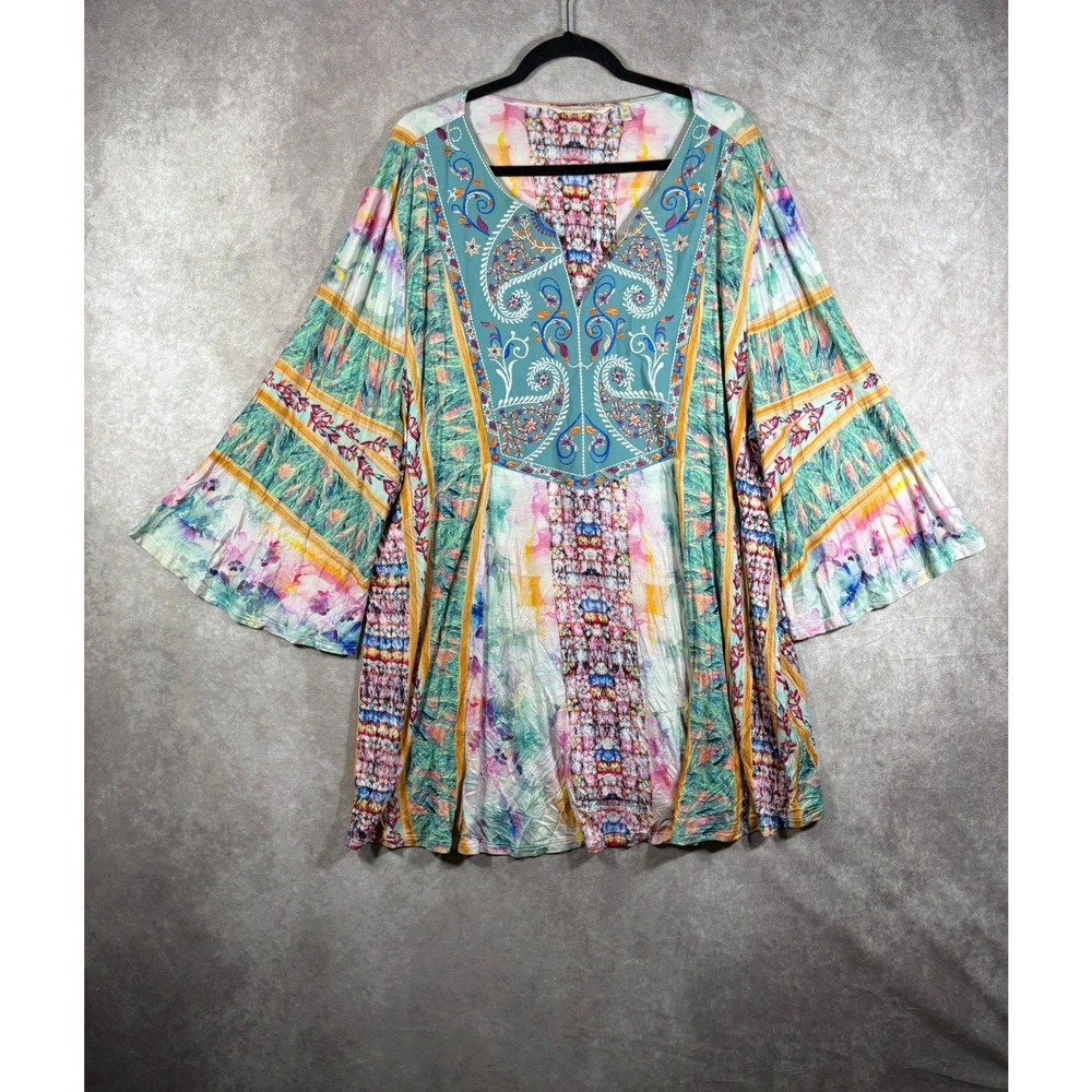 Soft Surroundings Tunic Top Womens 3X Multicolor Embroidered Boho Bell Sleeve